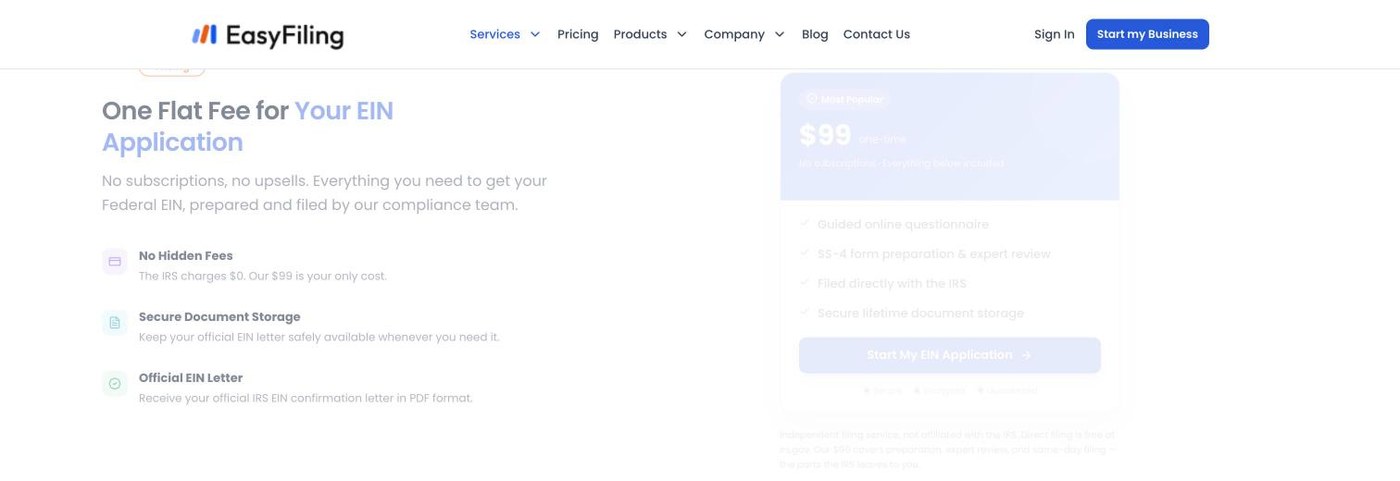 EasyFiling 的 EIN 代办页面